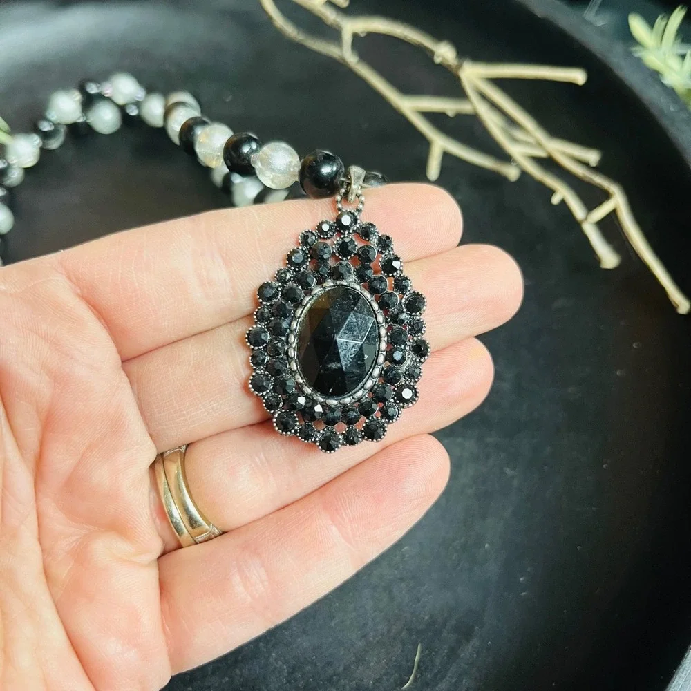 Vintage Black‎ Glass Necklace | Clear Teardrop Pendant • Elegant Retro Statement
